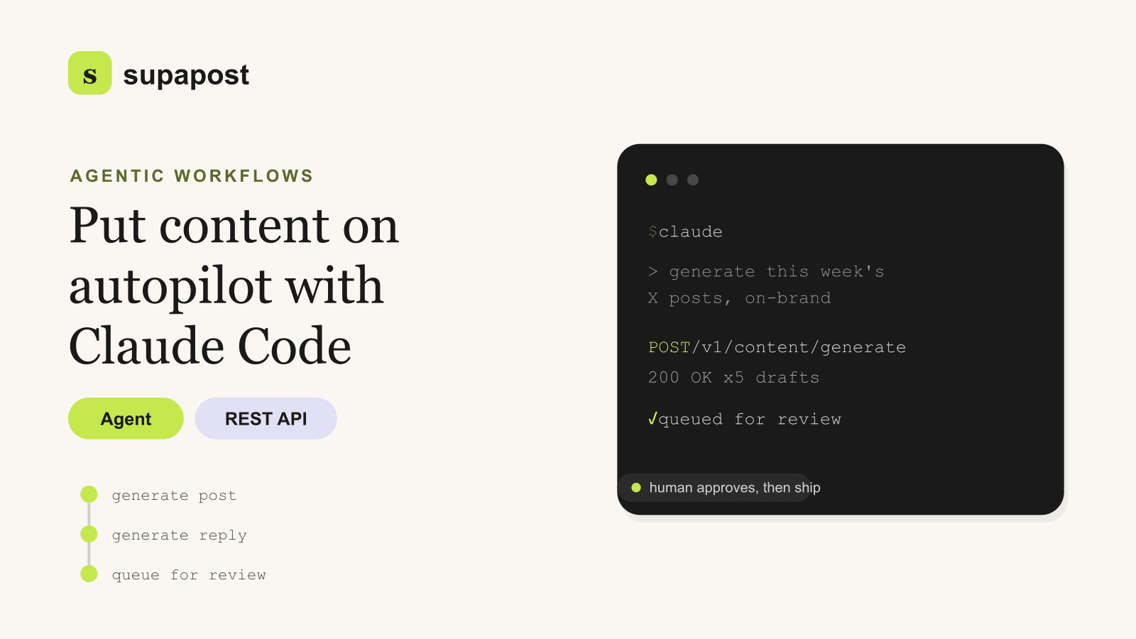 Claude Code terminal session generating on-brand social posts via the supapost content API
