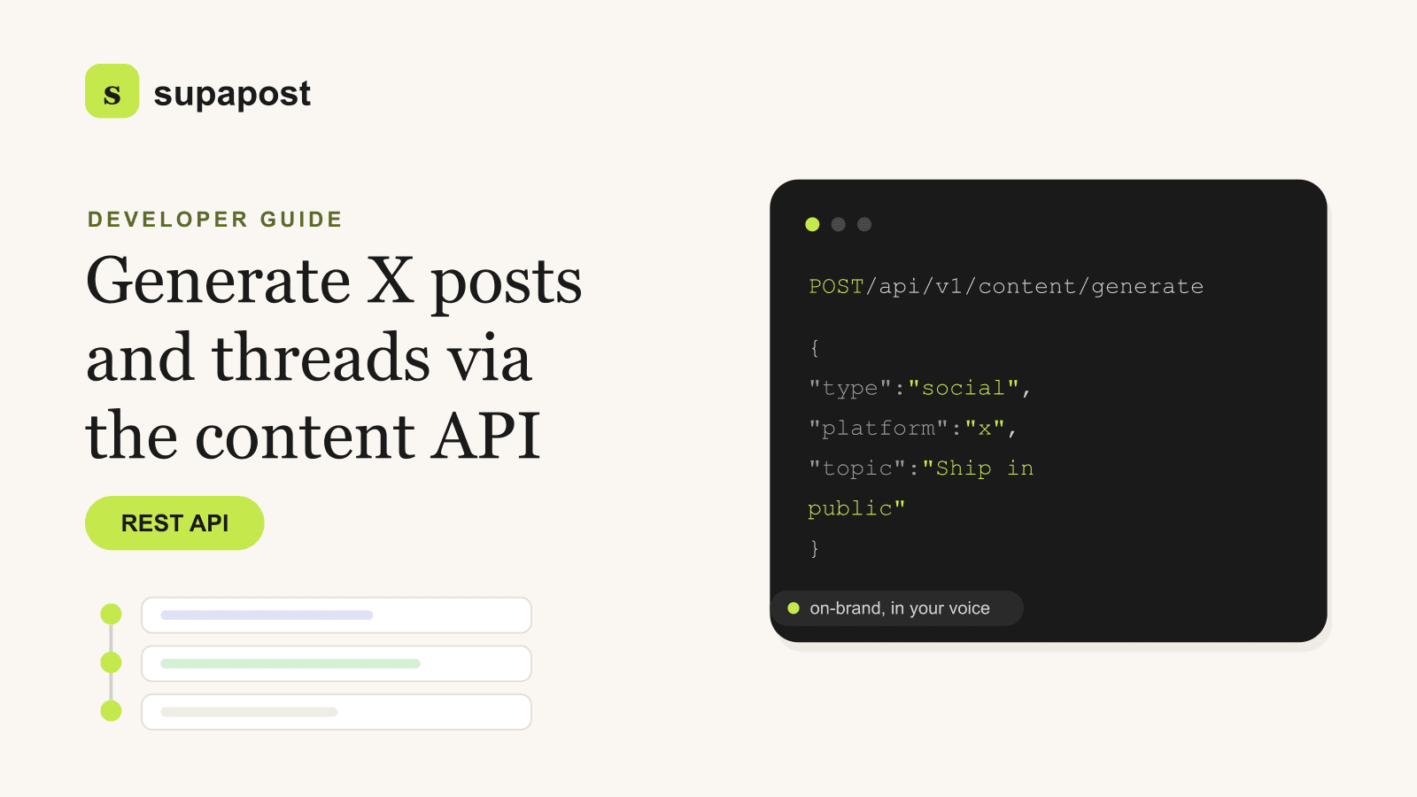 Generate X (Twitter) posts and threads via the supapost content API, developer guide cover