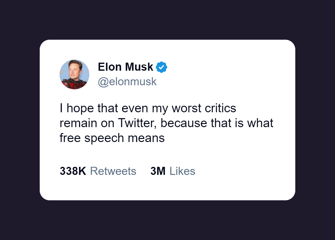 lon Musk's tweet about hoping his worst critics remain on Twitter for free speech.