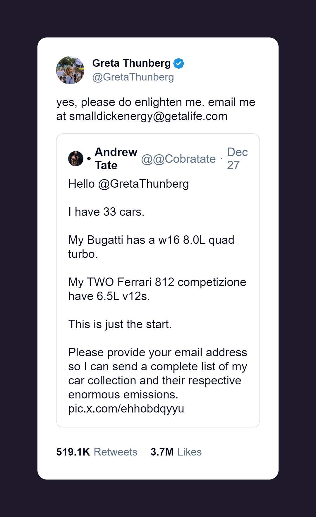 Greta Thunberg Andrew Tate Reply Tweet