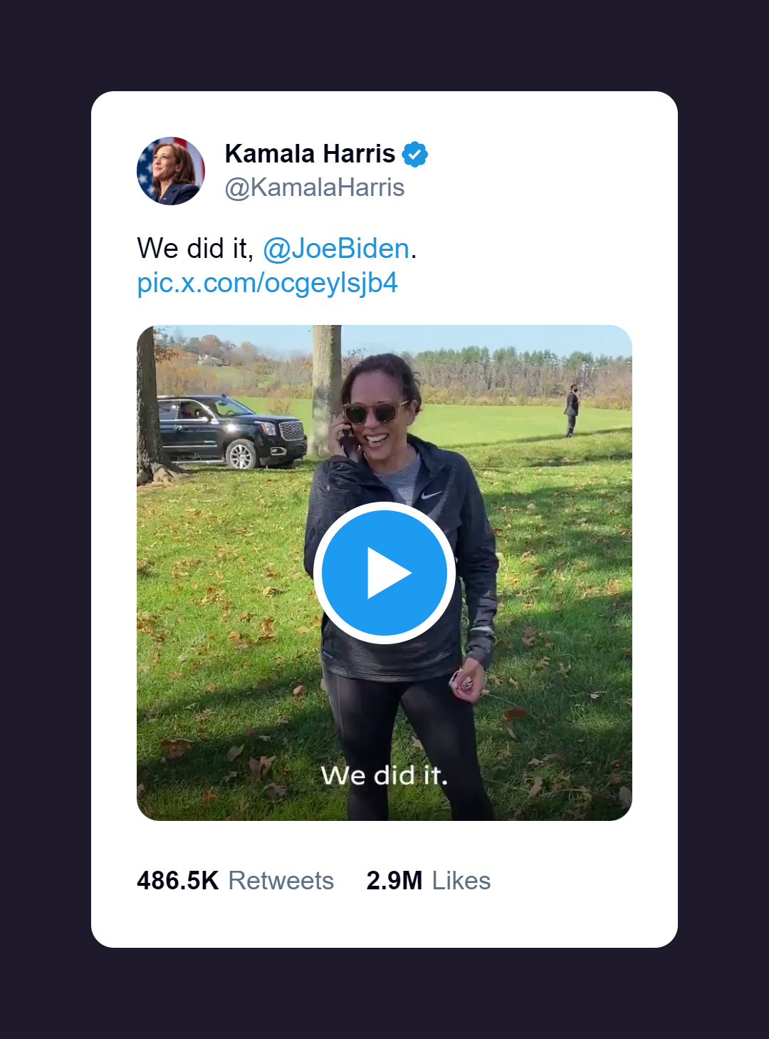 Kamala Harris's tweet congratulating Joe Biden after winning the 2020 U.S. presidential election.